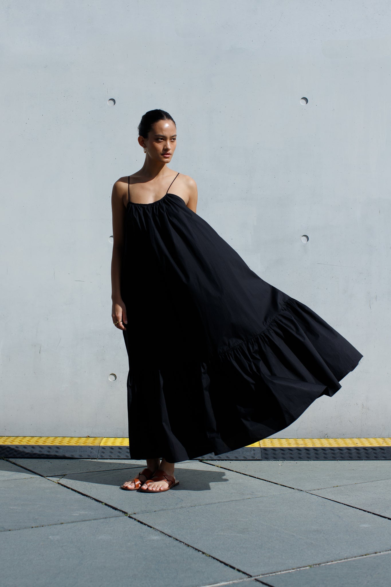Julia Leifert light summer midi maxi womens dress with adjustable straps in black organic cotton